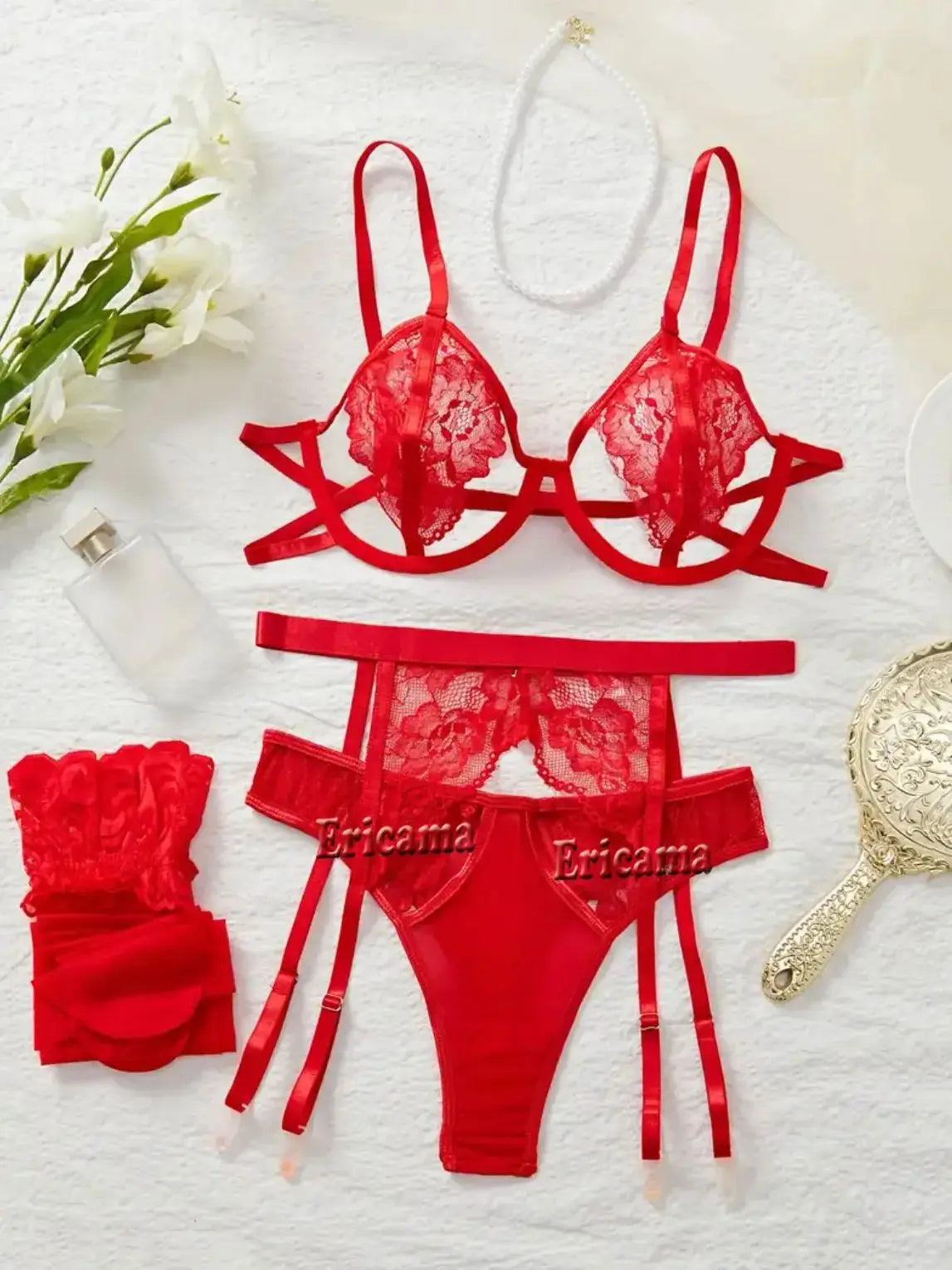 Laced & Lethal Garter Lingerie Set – Underwire Bra, Thong + Choker Detail