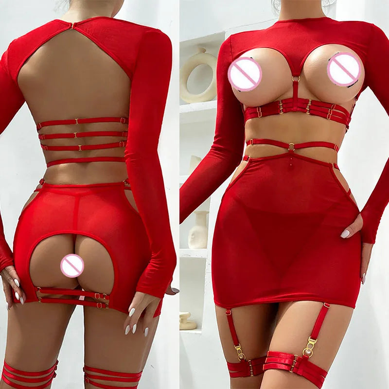 Hot Sexy Sheer Garter Bodysuit with Lace & Gloves – Erotic Suspender Lingerie Set 💋🔥