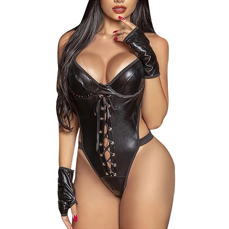 Latex Leather Cosplay Costume – Erotic Backless V-Neck Teddies Bodysuit, Plus Size Women Hollow Out Corsets | Sexy Lingerie Costumes