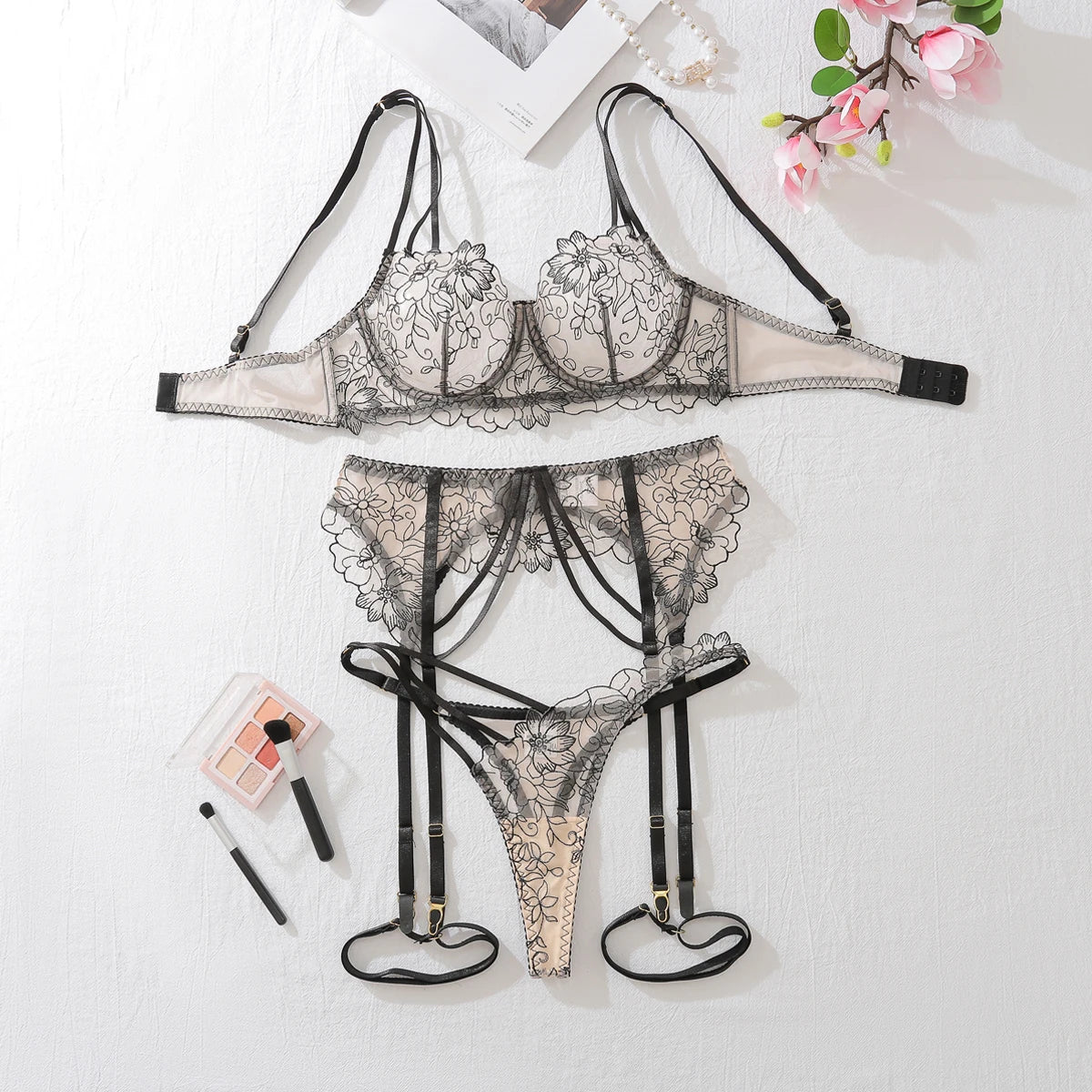 Temptation Unleashed: Luxury Lace Mesh Erotic 4-Piece Set – Hollowed Out Panty & Bra