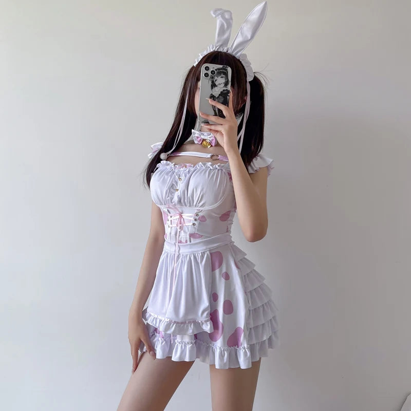 Pink Cow Bunny Maid Cosplay Lingerie Nightdress – Passionate Seduction Anime Girl Costume