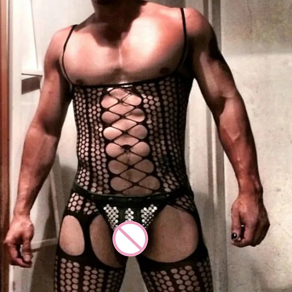 Red Mesh Erotic Bodysuit for Men – Tight Fishnet Full-Body Lingerie Sleepwear | See-Through Temptation Suit