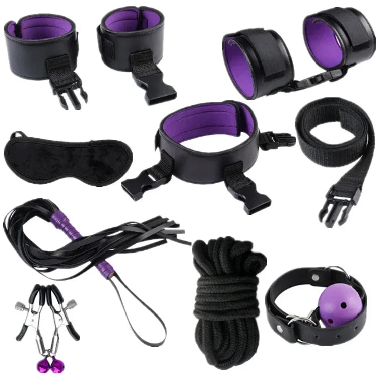 Genuine Leather BDSM Bondage Set – Collar, Handcuffs, Gag & Whip | Erotic Fetish Kit for Couples