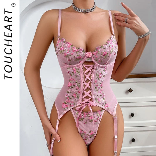 Toucheart Sexy Lingerie Suit – “Broken Flowers” Embroidered Lace-Up Garter Set
