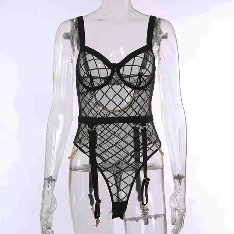 Toucheart Mesh Suspender Bodysuit – Transparent Chain Lace Erotic Lingerie for Women