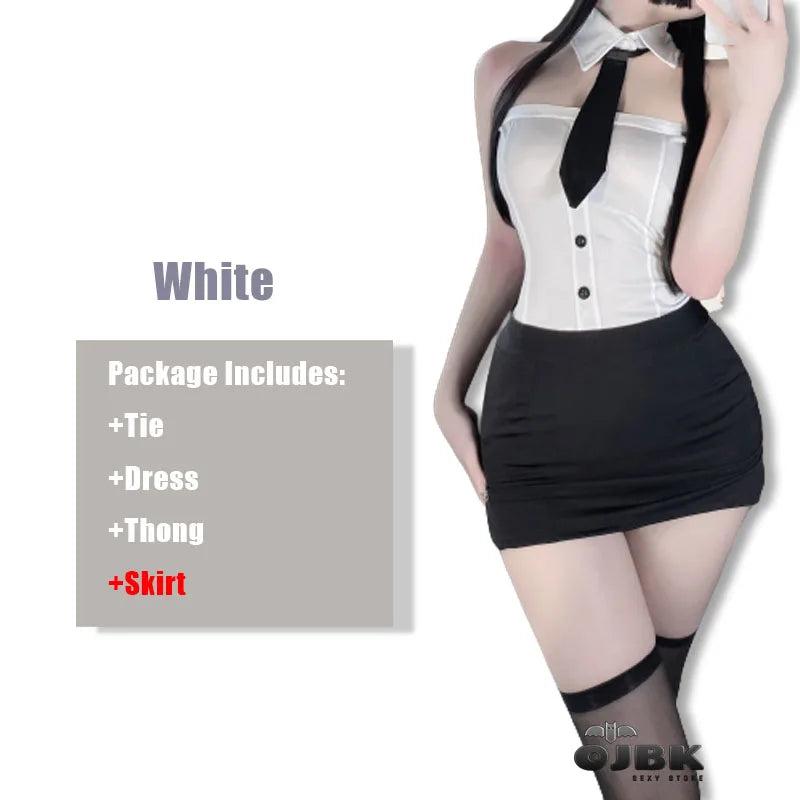 Sexy Office Lady Cosplay Costume – White Split Secretary Dress with Tie