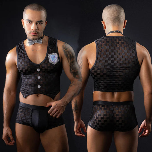 JSY Sexy Waiter Cosplay Lingerie for Men – Plaid Top & Bowtie Roleplay Set