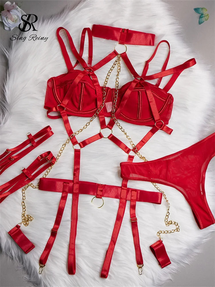 SINGREINY Female Fashion Erotic Bra & Briefs Set | Sensual Retro Lingerie Halter | Sexy Nightclub Chain 4-Piece Set