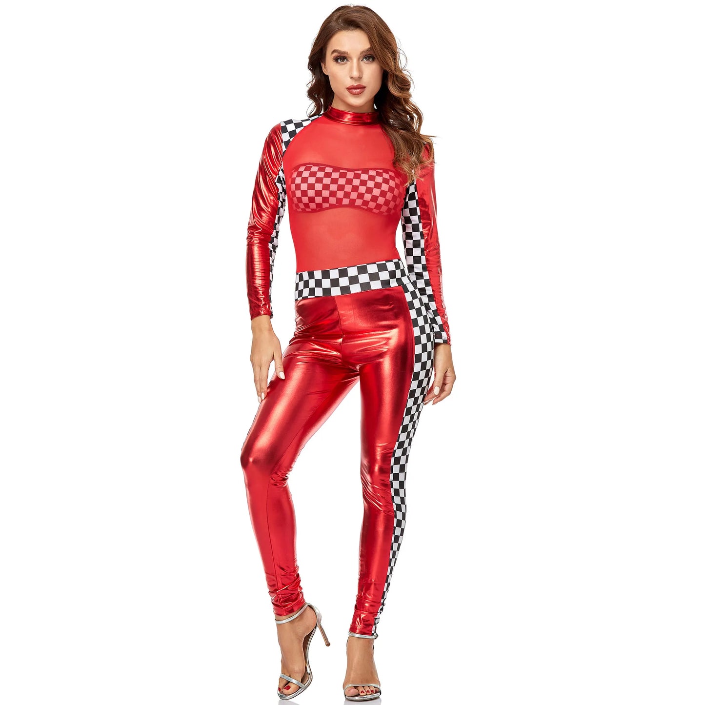 Sexy Race Girl Costume – Race Car Driver Jumpsuit, Black & White Plaid Outfit, Halloween Long Sleeves Racing Girl Bodysuit