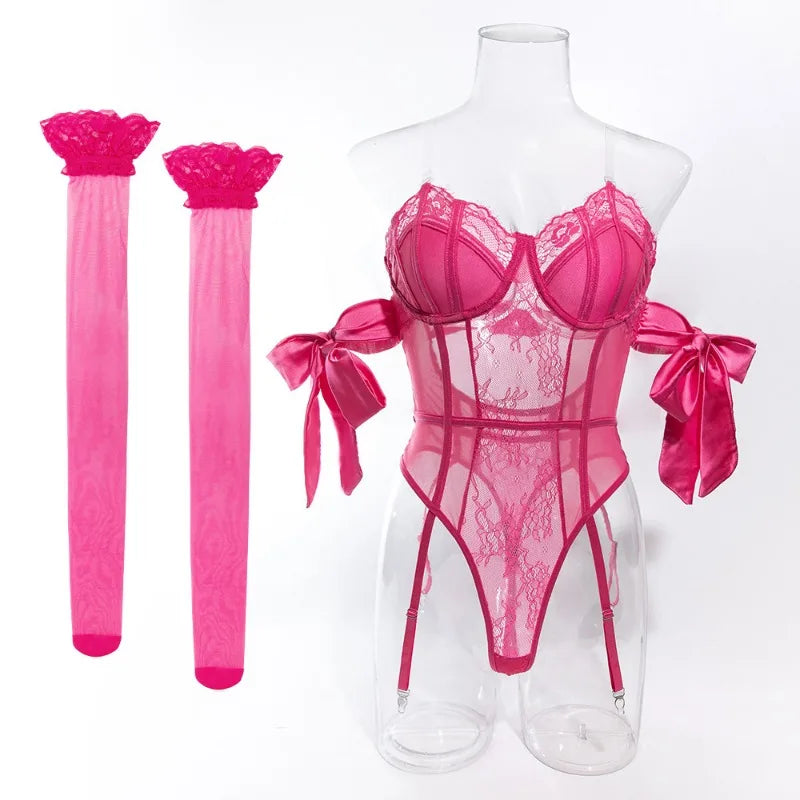 Seductive Bow Silk Strap Lingerie Jumpsuit Set – Mesh See-Through Lingerie & Stockings 💋🔥