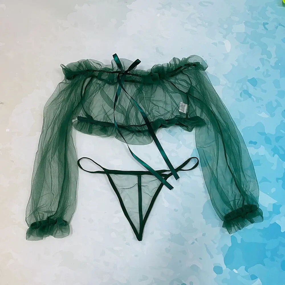 Blue Lace Babydoll Lingerie Set – Erotic Transparent Sleepwear with Sexy Top & Thong | Women's Seductive Nightwear