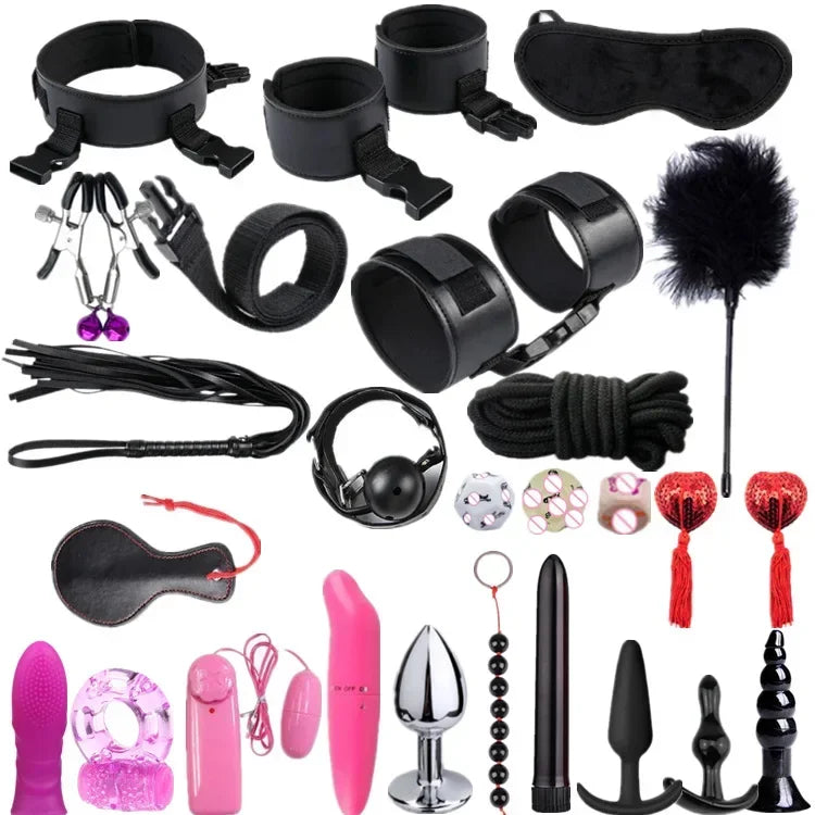 Genuine Leather BDSM Bondage Set – Collar, Handcuffs, Gag & Whip | Erotic Fetish Kit for Couples