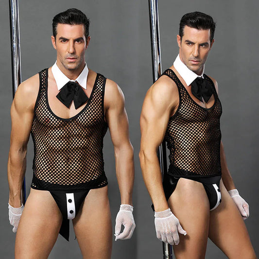 JSY Sexy Waiter Cosplay Set – Men’s Black Mesh Lingerie Uniform for Roleplay & Erotic Costumes