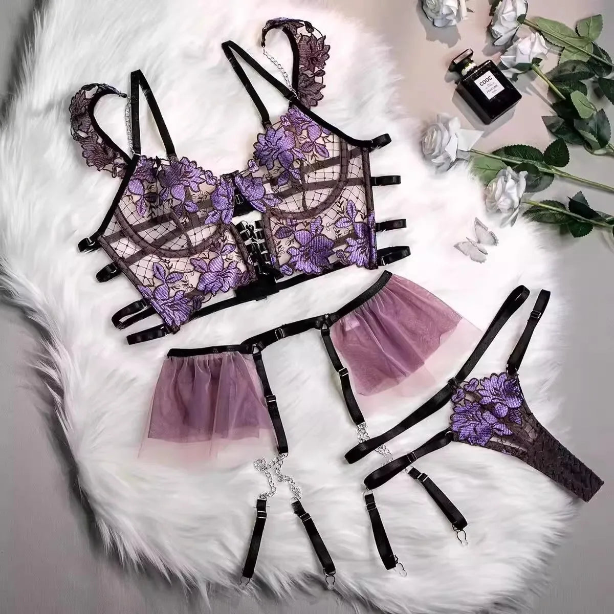 Sensual Mesh Embroidery 3-Piece Lingerie Set – Lace See-Through Erotic Underwear Panties 💋🔥