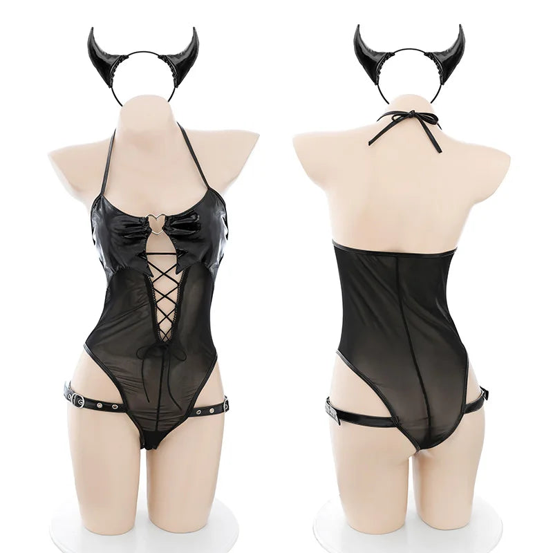 Sexy Devil PU Leather Bodysuit – Hollow-Out Temptation Cosplay Costume