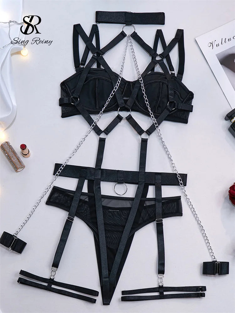 SINGREINY Female Fashion Erotic Bra & Briefs Set | Sensual Retro Lingerie Halter | Sexy Nightclub Chain 4-Piece Set