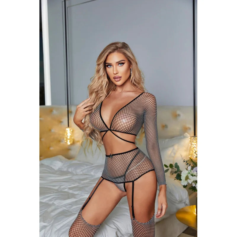 Seductive Open Crotch Fishnet Bodystocking Set – Mesh Lace Erotic Garter Lingerie 💋🔥