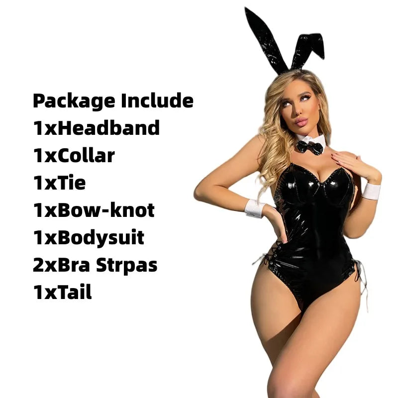 Mai Sakurajima Bunny Girl Costume – Sexy Cosplay Lingerie PU Leather Bodysuit with Tie & Headband | Anime Outfit for Women