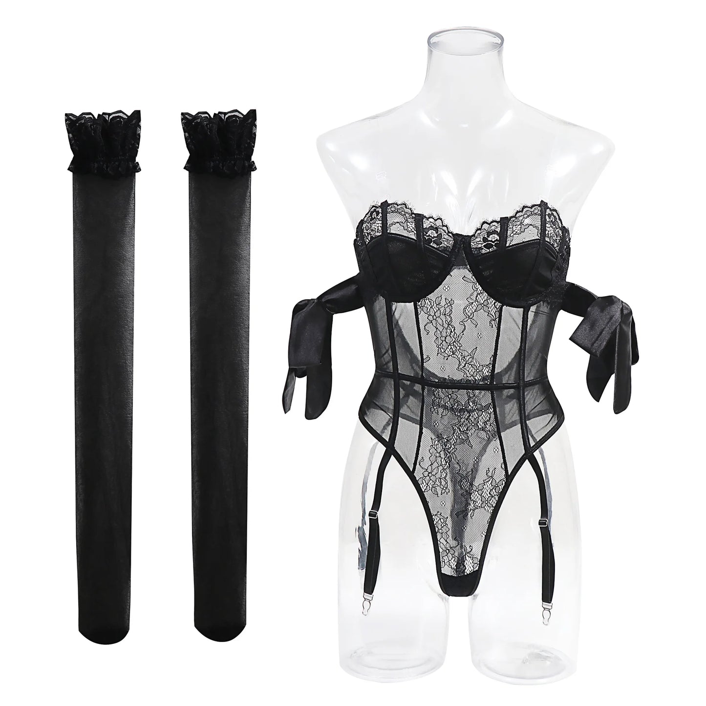 Seductive Bow Silk Strap Lingerie Jumpsuit Set – Mesh See-Through Lingerie & Stockings 💋🔥