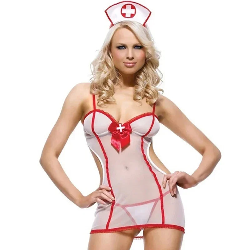 French Maid Lingerie Costume – Sexy Lace See-Through Babydoll Set with Apron & Headband