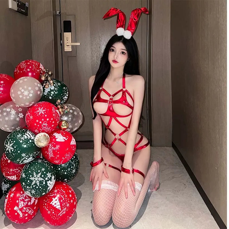 Bunny Bondage Body Harness – Leather Lingerie with Ears & Erotic Cage Bodysuit