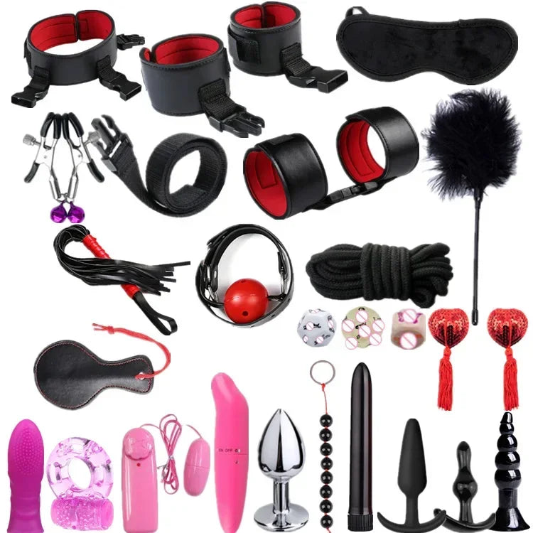 Genuine Leather BDSM Bondage Set – Collar, Handcuffs, Gag & Whip | Erotic Fetish Kit for Couples