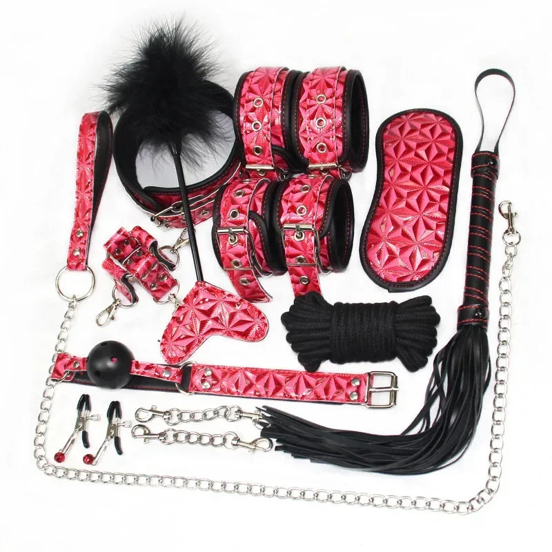 Genuine Leather BDSM Bondage Set – Collar, Handcuffs, Gag & Whip | Erotic Fetish Kit for Couples