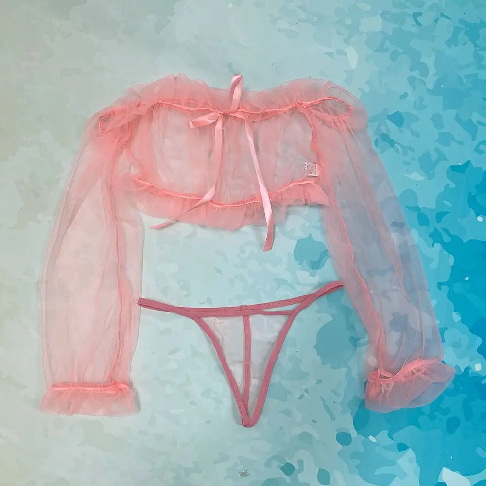 Blue Lace Babydoll Lingerie Set – Erotic Transparent Sleepwear with Sexy Top & Thong | Women's Seductive Nightwear