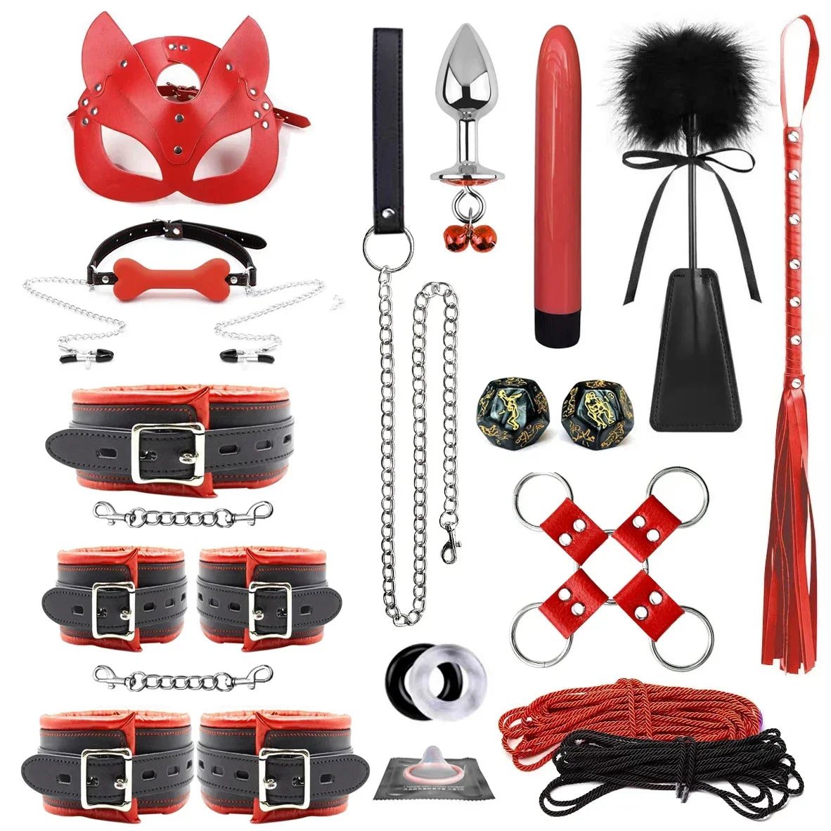 Genuine Leather BDSM Bondage Set – Collar, Handcuffs, Gag & Whip | Erotic Fetish Kit for Couples