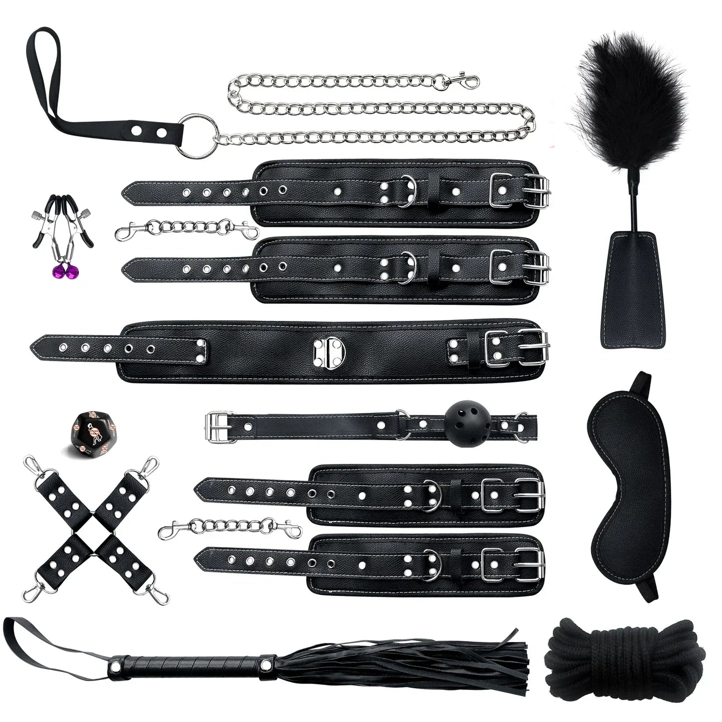 Genuine Leather BDSM Bondage Set – Collar, Handcuffs, Gag & Whip | Erotic Fetish Kit for Couples