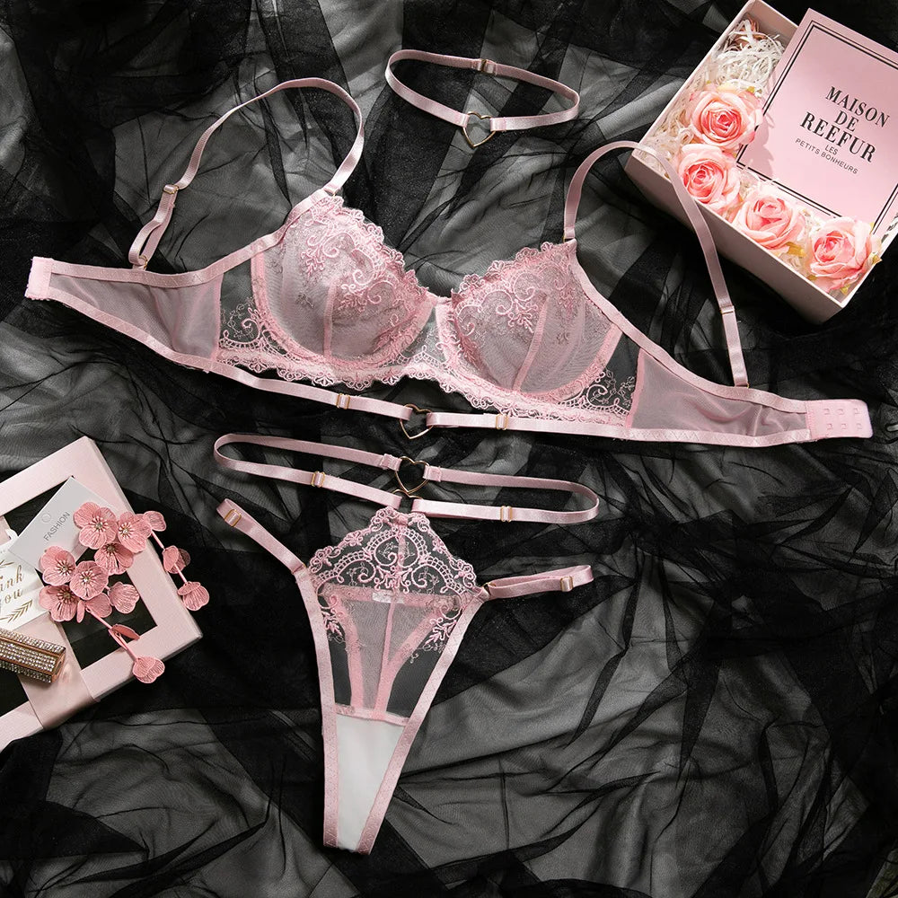 French Satin Lace Bra & Thong Set – Sexy Ultrathin Lace Patchwork Lingerie 💋🔥