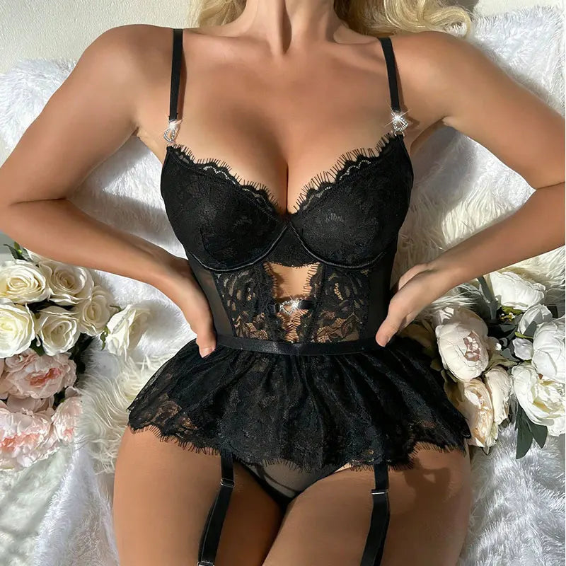 Sexy Crotchless Lace Bodysuit – Deep V Teddy Babydoll Dress Erotic Lingerie Set for Women