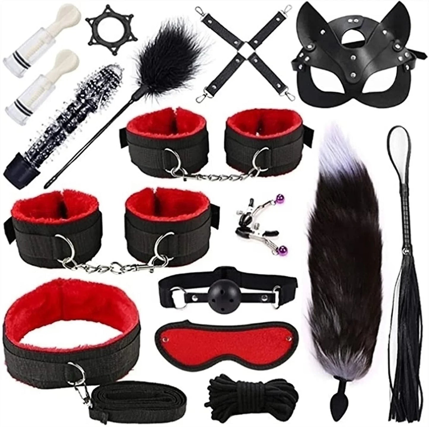 Genuine Leather BDSM Bondage Set – Collar, Handcuffs, Gag & Whip | Erotic Fetish Kit for Couples
